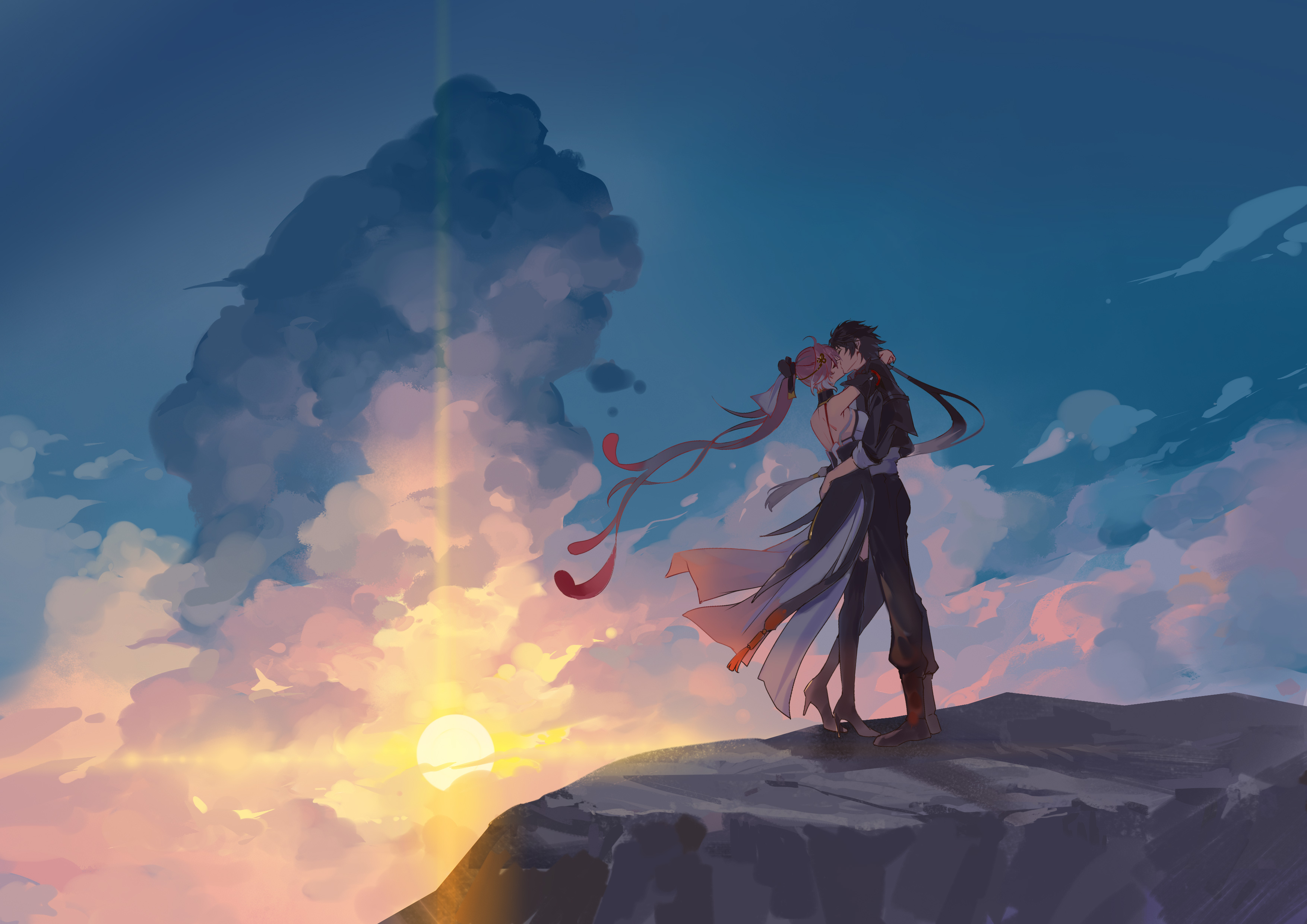 ruoruoqiu, changli (wuthering waves), male rover (wuthering waves), rover (wuthering waves), wuthering waves, absurdres, commentary request, highres, 1boy, 1girl, bare shoulders, black bow, black collar, black jacket, black pants, black shoes, bow, breasts, collar, dawn, dress, feather hair, hair bow, high heels, hug, jacket, kiss, low ponytail, medium breasts, multicolored hair, outdoors, pants, pink hair, ponytail, shoes, two-tone hair, white dress, white hair, wide shot