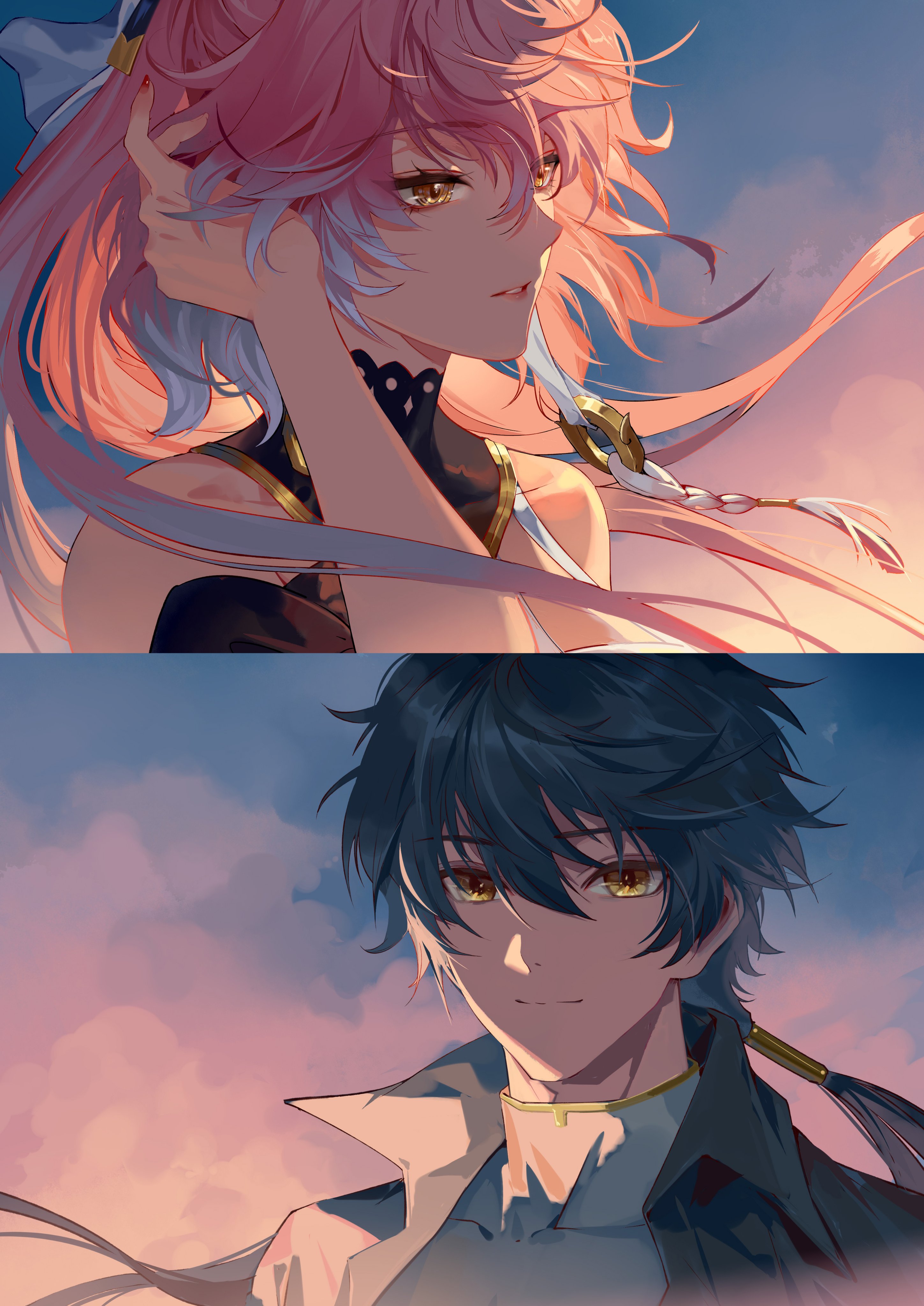 ruoruoqiu, changli (wuthering waves), male rover (wuthering waves), rover (wuthering waves), wuthering waves, absurdres, commentary request, highres, 1boy, 1girl, bare shoulders, black collar, black hair, black jacket, braid, closed mouth, collar, dawn, fingernails, hair between eyes, hair extensions, hand up, jacket, long hair, looking afar, low ponytail, multicolored hair, nail polish, outdoors, parted lips, pink hair, ponytail, red nails, ring hair extensions, smile, two-tone hair, white hair, wind, yellow eyes