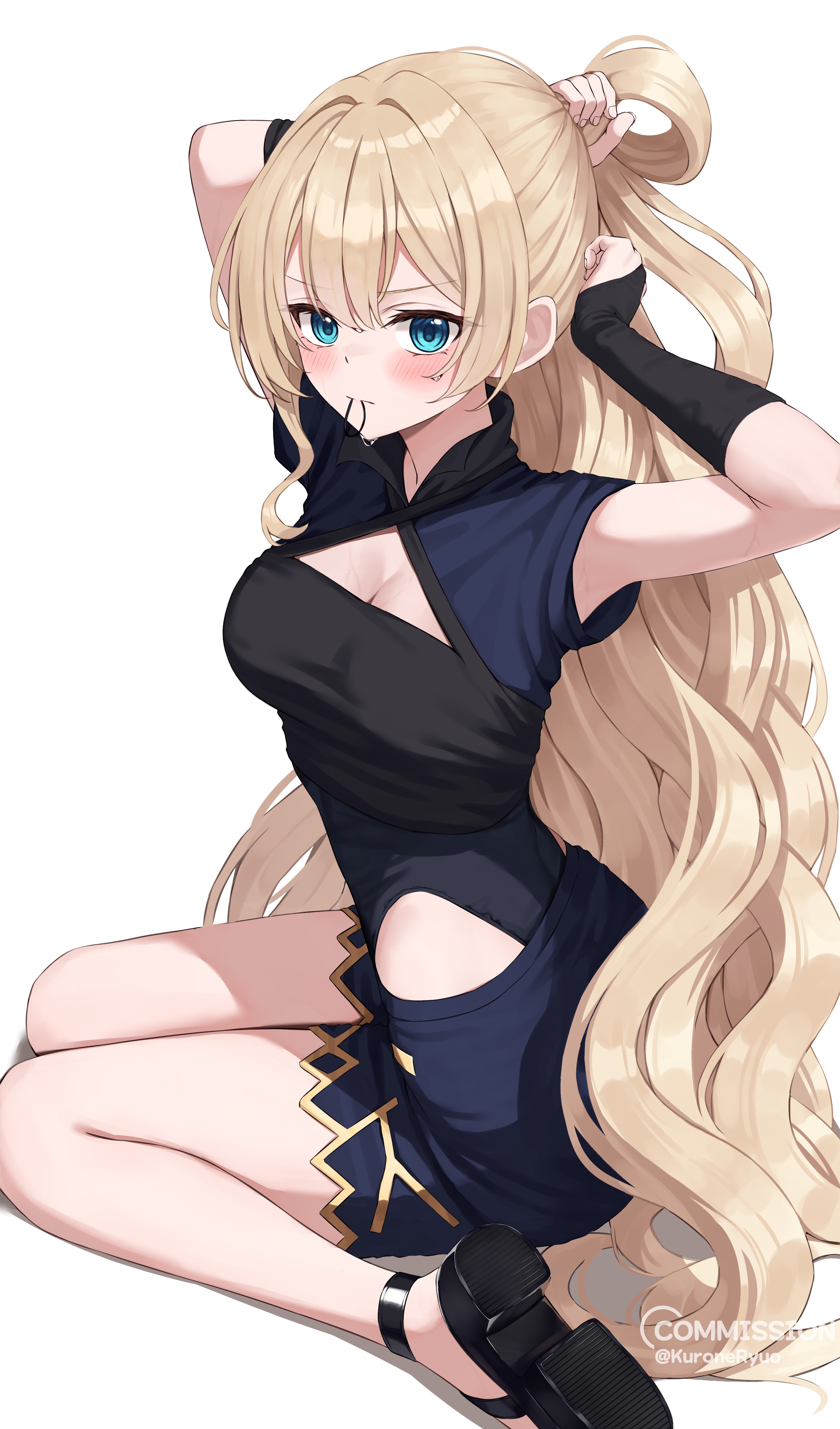 kurone (kurone ryuo), original, absurdres, commentary, commission, highres, 1girl, black shoes, black skirt, blonde hair, blue eyes, blush, breasts, cleavage, closed mouth, clothing cutout, hair between eyes, hip vent, long hair, looking at viewer, medium breasts, mouth hold, shoes, simple background, sitting, skirt, solo, thighs, tying hair, very long hair, wariza, white background