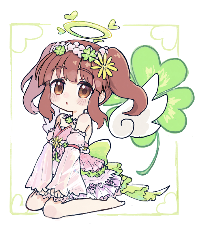 kibisake, ogata chieri, idolmaster, idolmaster cinderella girls, commentary request, 1girl, :o, bare shoulders, barefoot, blush, brown hair, clover, detached sleeves, dress, flower wreath, four-leaf clover, full body, green halo, halo, long sleeves, medium hair, open mouth, pink dress, pink sleeves, sidelocks, simple background, sitting, solo, strapless, strapless dress, twintails, white background