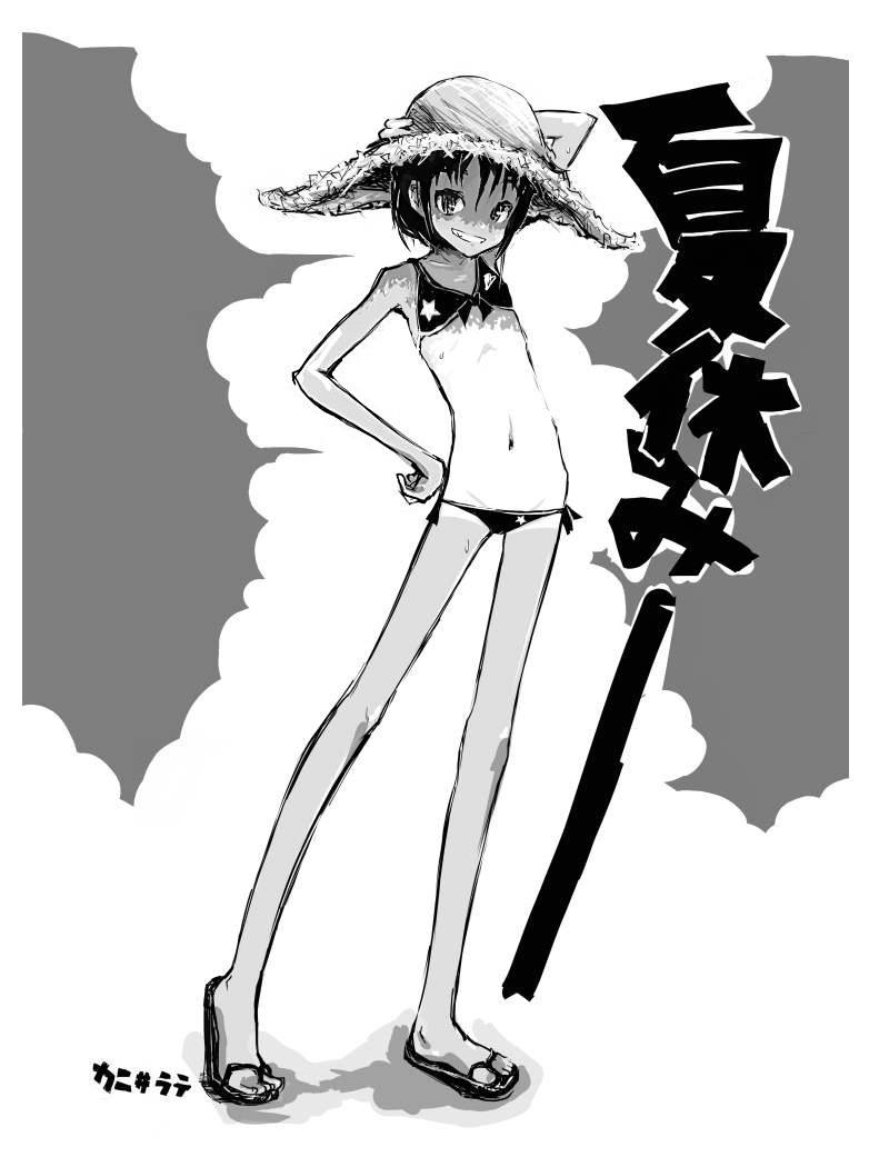 kanii rate, framed, 1girl, bikini, cloud, female focus, flat chest, flip-flops, greyscale, hat, loli, long legs, lowleg, lowleg bikini, monochrome, one-piece tan, sandals, short hair, side-tie bikini bottom, skinny, smile, solo, straw hat, summer, sun hat, swimsuit, tan, tanline