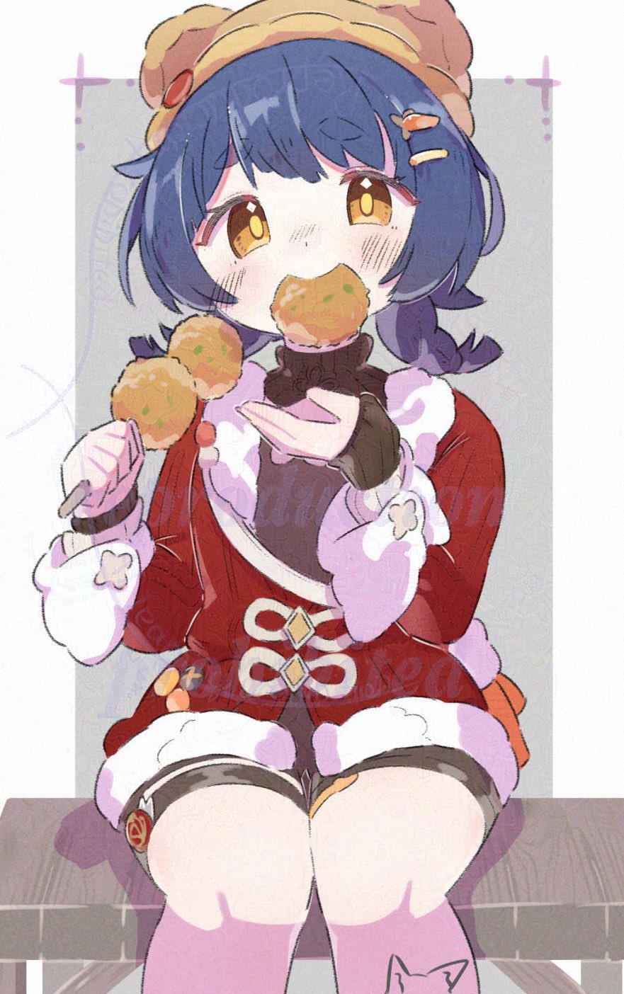 inaririn, xiangling (genshin impact), xiangling (new year's cheer) (genshin impact), genshin impact, adversarial noise, highres, 1girl, black shorts, blue hair, blush, braid, chicken (food), eating, feet out of frame, food, fried chicken, fur trim, hair ornament, hairclip, hat, holding, holding food, jacket, long sleeves, looking at viewer, official alternate costume, red jacket, shorts, sitting, solo, sweater, turtleneck, twin braids, yellow eyes
