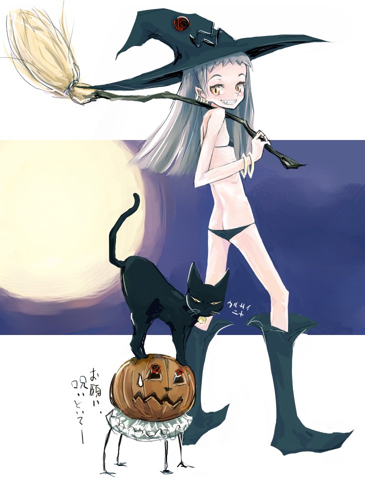 kanii rate, translation request, bikini, boots, broom, cat, flat chest, hat, jack-o'-lantern, loli, lowleg, lowleg bikini, pumpkin, smile, swimsuit, witch, witch hat