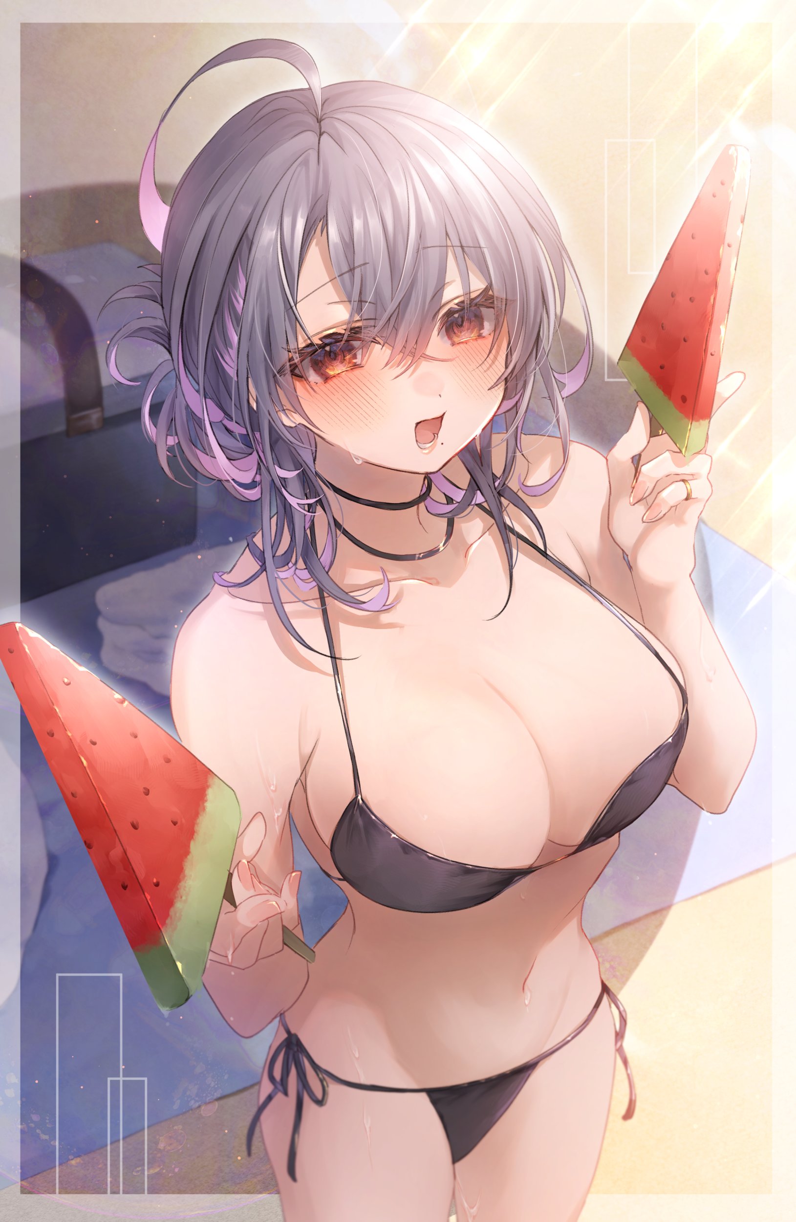 shikino yuki, original, absurdres, commentary request, highres, 1girl, beach, bikini, black bikini, blush, breasts, cleavage, collarbone, food, grey hair, hair between eyes, hands up, holding, holding food, holding popsicle, large breasts, looking at viewer, medium hair, multicolored hair, navel, open mouth, outdoors, popsicle, purple hair, red eyes, sand, solo, swimsuit, two-tone hair, watermelon bar