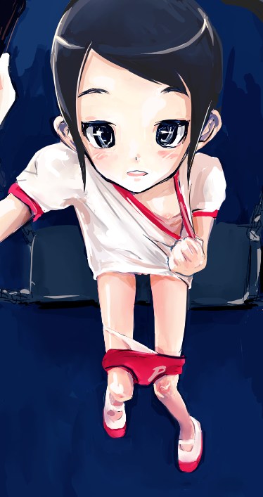 kanii rate, copyright request, 1girl, black hair, bottomless, buruma, buruma pull, clothes pull, downblouse, female focus, flat chest, gym uniform, loli, looking up, nipple slip, nipples, panties, panty pull, pussy, pussy peek, red buruma, shirt pull, solo, underwear