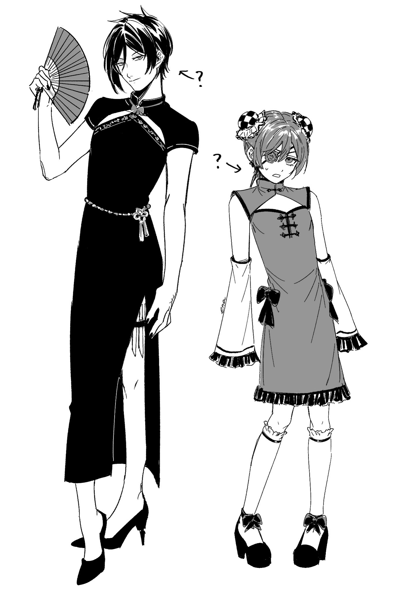 ena33333333, ciel phantomhive, sebastian michaelis, kuroshitsuji, highres, 2boys, ?, black hair, china dress, chinese clothes, crossdressing, crossdressing (mtf), dress, eyepatch, girly boy, hair between eyes, male focus, multiple boys, short hair, trap