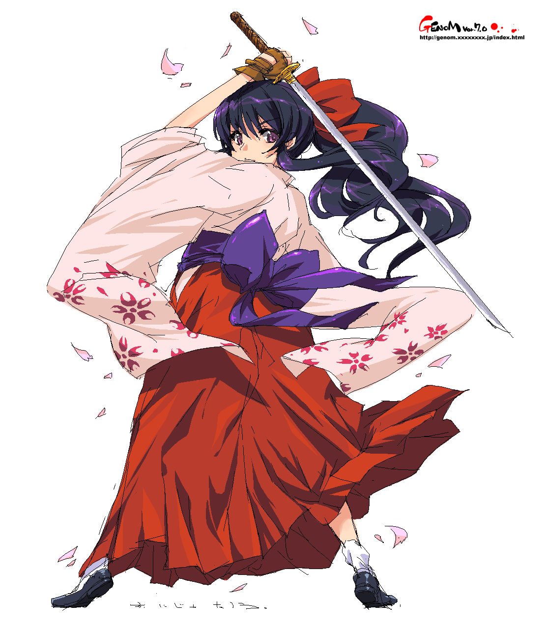 onija tarou, shinguuji sakura, sakura taisen, sega, highres, 00s, 1girl, ass, bow, female focus, fingerless gloves, gloves, hair ribbon, japanese clothes, legs, long hair, long skirt, looking at viewer, looking back, oekaki, ponytail, purple eyes, purple hair, red bow, ribbon, serious, skirt, solo, sword, thighs, weapon