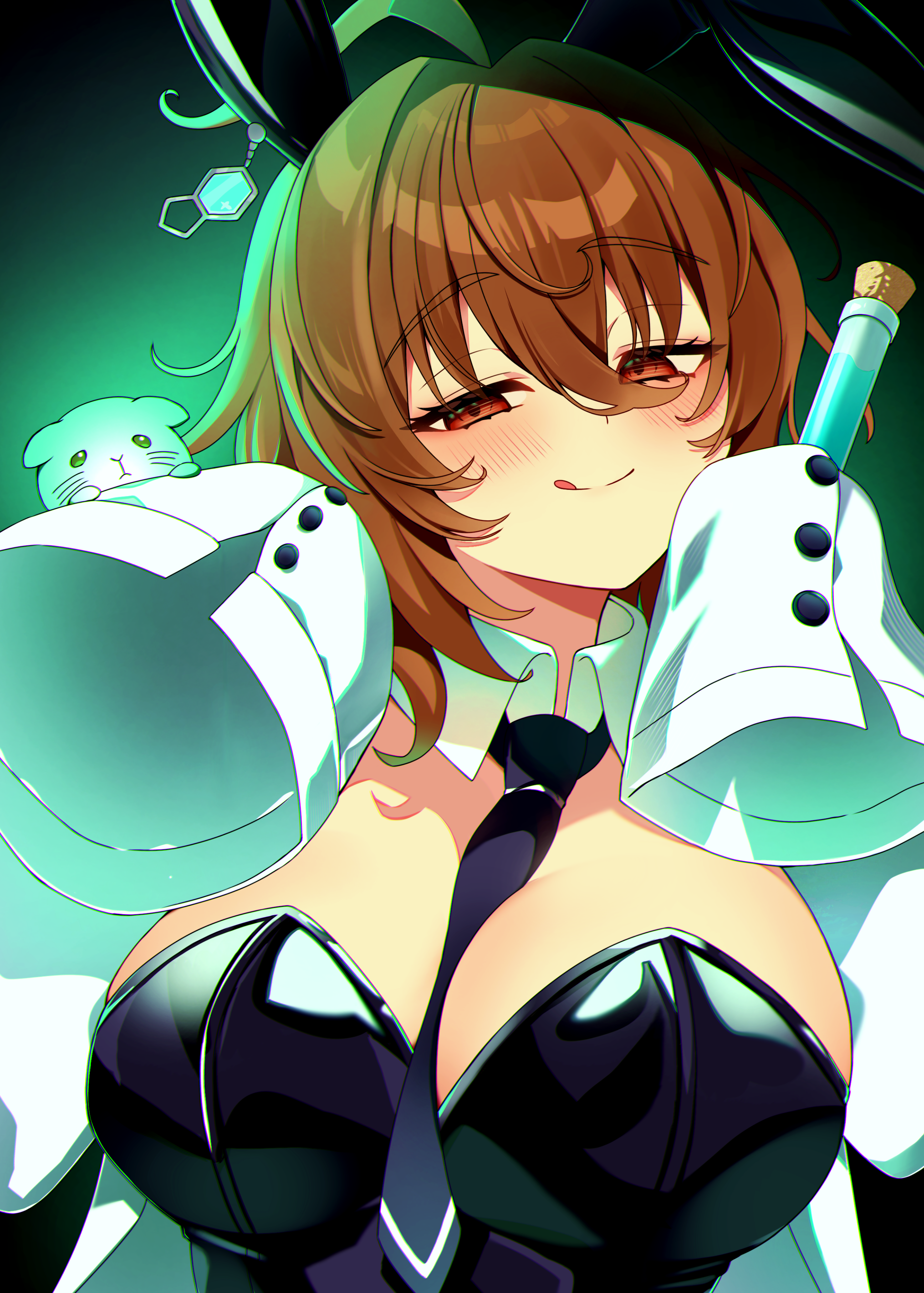 kaoru (h8qm9), agnes tachyon (umamusume), umamusume, absurdres, commentary request, highres, 1girl, animal ears, between breasts, black leotard, black necktie, blush, breasts, brown hair, coat, detached collar, fake animal ears, hair between eyes, holding, holding test tube, horse girl, lab coat, leotard, looking at viewer, medium hair, necktie, necktie between breasts, nontraditional playboy bunny, open clothes, open coat, playboy bunny, rabbit ears, red eyes, sleeves past fingers, sleeves past wrists, smile, strapless, strapless leotard, test tube, tongue, tongue out, upper body, white coat
