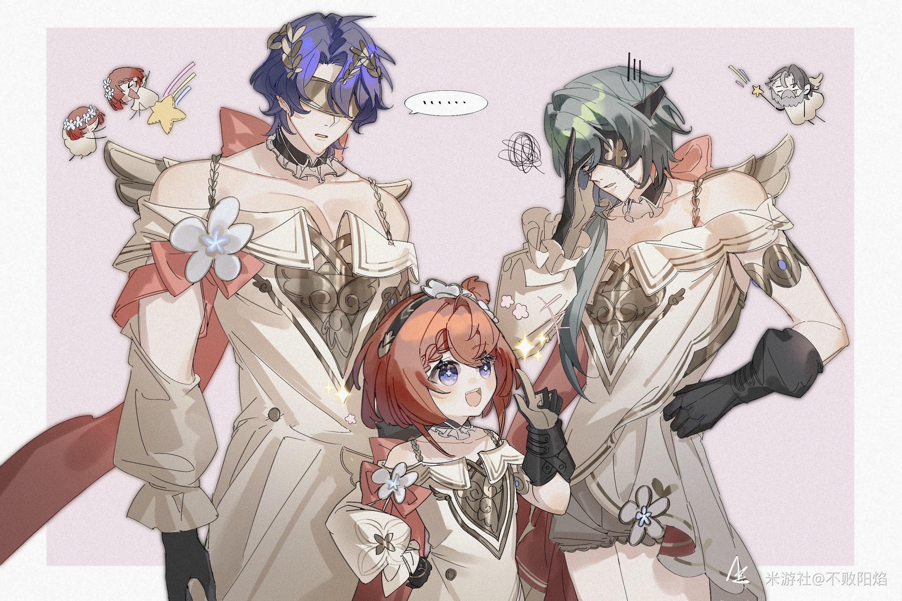 anaxa (honkai: star rail), dr. ratio (honkai: star rail), trianne (honkai: star rail), tribbie (honkai: star rail), trinnon (honkai: star rail), honkai: star rail, honkai (series), commentary request, highres, …, 1girl, 2boys, bare shoulders, black gloves, blindfold, blue eyes, border, cosplay, cowboy shot, cross-shaped pupils, crossdressing, crossdressing (mtf), dress, du nan chao, eyepatch, fake wings, gloves, green hair, hair over shoulder, hand on own face, hand on own hip, hand up, index finger raised, krateros (honkai: star rail), long hair, matching outfits, multiple boys, off-shoulder dress, off shoulder, open mouth, outside border, parted lips, pink background, ponytail, purple eyes, red hair, short hair, simple background, speech bubble, spoken ellipsis, squiggle, symbol-shaped pupils, tribbie (honkai: star rail) (cosplay), white border, white dress, wings