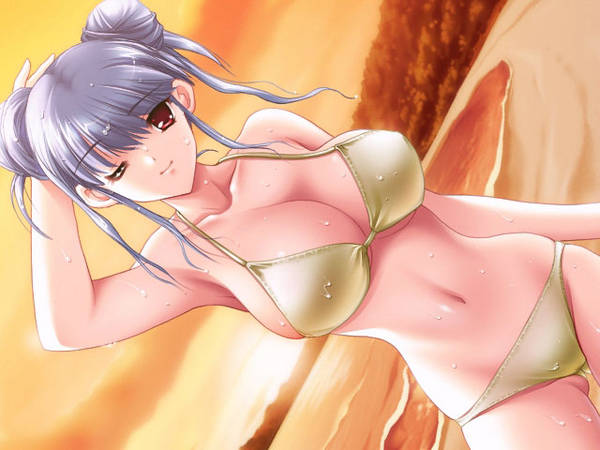 jesse, character request, source request, tagme, 1girl, beach, bikini, breasts, cleavage, grey hair, large breasts, navel, one eye closed, red eyes, sky, sunset, swimsuit, water, wink