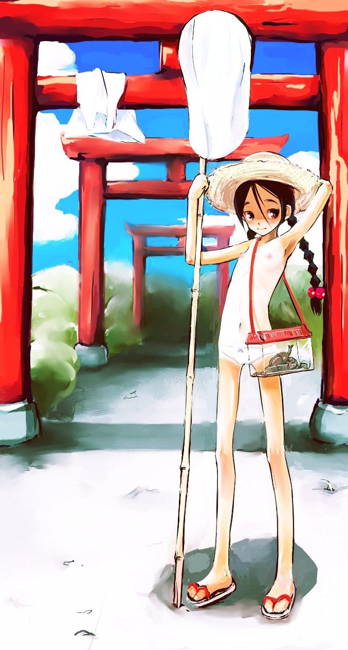 kanii rate, copyright request, highres, 1girl, braid, butterfly net, day, dress, female focus, flat chest, flip-flops, hand net, hat, loli, net, outdoors, panties, sandals, shrine, solo, sun hat, sundress, tan, tanline, topfreedom, topless female, torii, twin braids, underwear