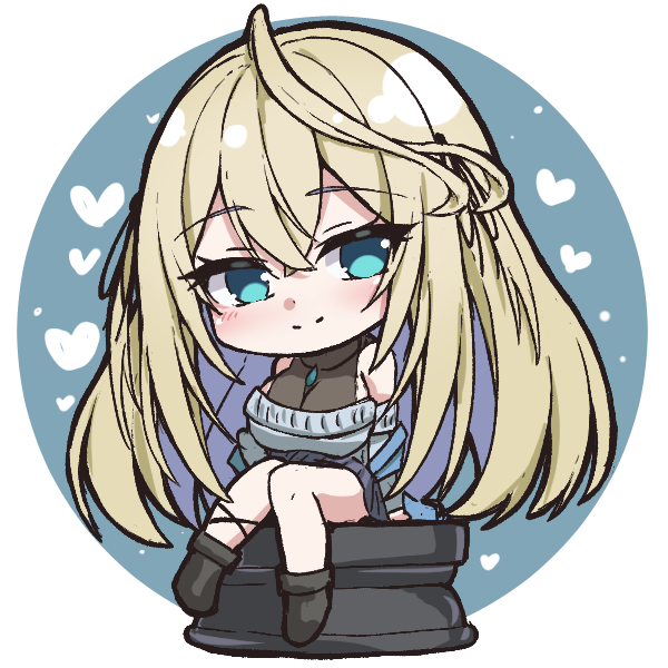 tanu (ace ikachan), manase yua, project blue (vtuber), commentary request, 1girl, ahoge, bare shoulders, black shirt, black shoes, blonde hair, blue background, blue eyes, breasts, chibi, cleavage, closed mouth, crossed bangs, double-parted bangs, grey sweater, hair between eyes, heart, huge ahoge, jewelry, large breasts, long hair, looking at viewer, necklace, off-shoulder sweater, off shoulder, see-through cleavage, see-through clothes, shirt, shoes, sitting, sleeveless, sleeveless shirt, smile, solo, sweater, two-tone background, virtual youtuber, white background