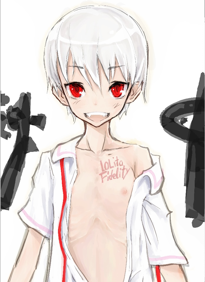 kanii rate, copyright request, 1girl, :d, english text, fangs, female focus, flat chest, loli, nipples, open clothes, open mouth, open shirt, red eyes, shirt, short hair, smile, solo, topless female, white hair
