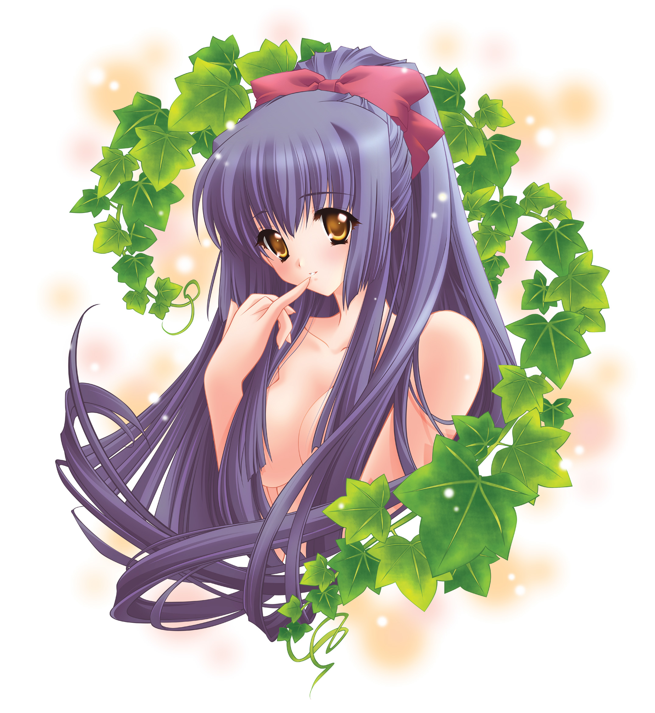 kuraki suzuna, kao no nai tsuki, highres, 00s, blush, bow, breasts, brown eyes, long hair, ponytail, purple hair, topless female