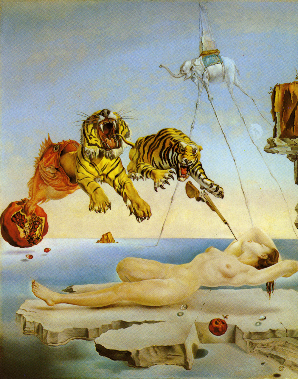salvador dali, dream caused by the flight of a bee around a pomegranate a second before awakening, original, highres, reference work, cliff, elephant, fine art parody, fish, food, fruit, gun, long legs, nipples, nude, parody, pomegranate, reference, rifle, salvador dalí, sleeping, surreal, tiger, water, weapon
