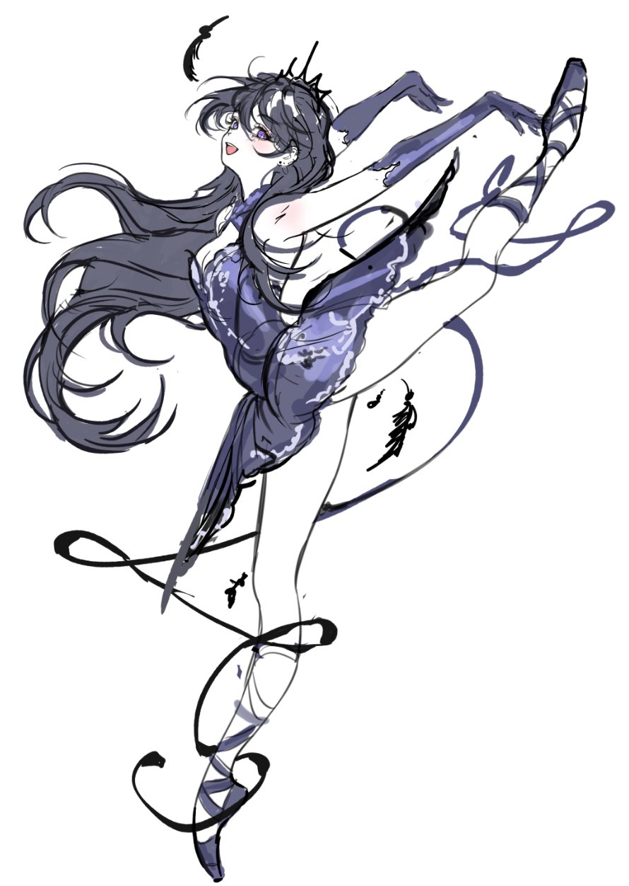 lalang, original, 1girl, dancing, dress, elbow gloves, gloves, long hair, purple eyes, sketch, solo, white background