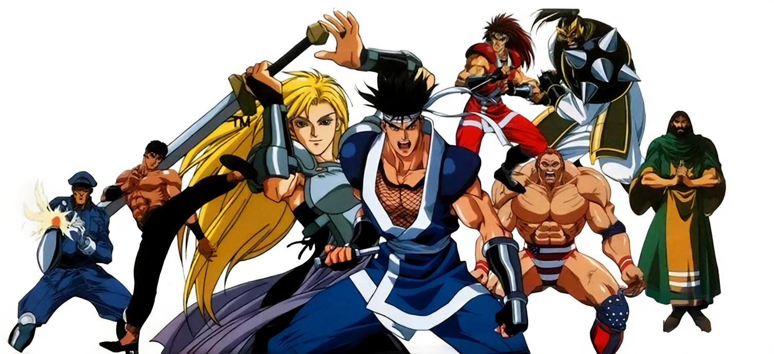 fuuma, brocken (world heroes), fuuma kotarou (world heroes), hattori hanzou (world heroes), janne d'arc, julius carn, kim dragon, rasputin (world heroes), world heroes, ai-generated, official art, blonde hair, fighting stance, knight, long hair, martial arts, ninja, pro wrestling, shirtless male, spiked hair, sword, video game, weapon, wrestler