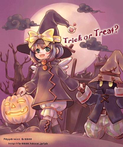 eiko carol, vivi ornitier, vivi orunitia, final fantasy, final fantasy ix, lowres, 00s, 1boy, 1girl, bow, child, costume, halloween, hat, jack-o'-lantern, pumpkin, trick or treat, watermark, web address, witch hat, yellow bow