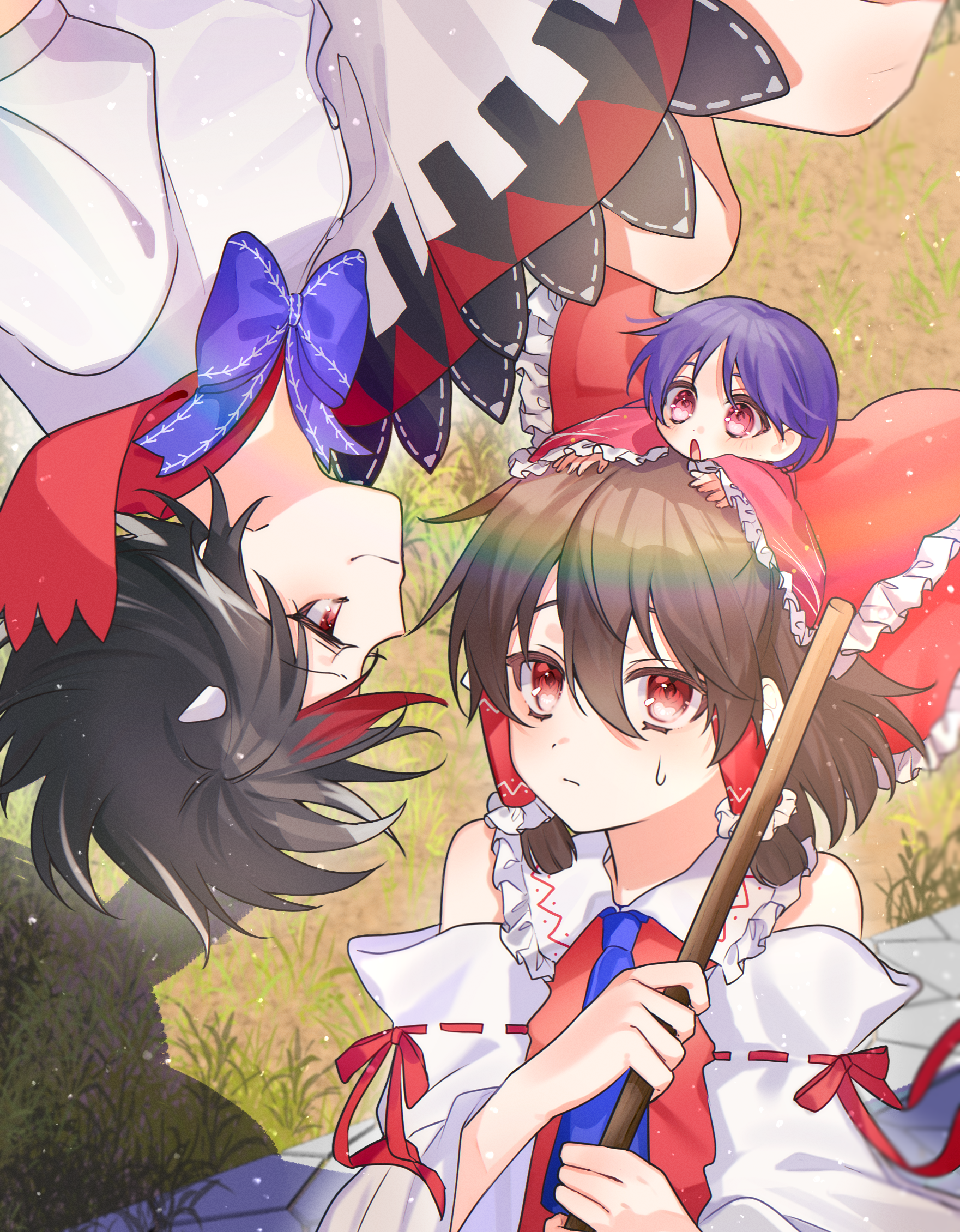 hakurei reimu, kijin seija, sukuna shinmyoumaru, touhou, commentary request, highres, bare shoulders, black hair, blue bow, blue bowtie, blue hair, blue necktie, bow, bowtie, brown hair, detached sleeves, frilled bow, frilled hair tubes, frills, hair bow, hair tubes, horns, looking at another, necktie, nontraditional miko, open mouth, potecoro (ey39 g), red bow, red eyes, ribbon-trimmed sleeves, ribbon trim, short hair, sweatdrop, upside-down