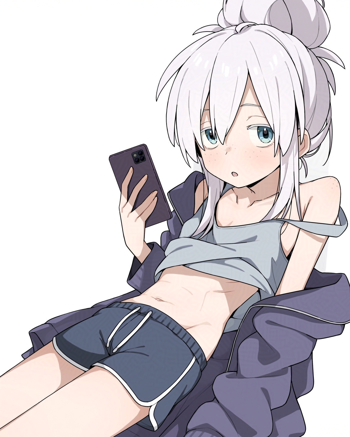 itami sumihito, deux murasame, gundam, gundam gquuuuuux, highres, 1girl, abs, blue eyes, breasts, clothes lift, colored eyelashes, dolphin shorts, freckles, hair bun, holding, holding phone, jacket, looking at viewer, navel, open clothes, open jacket, parted lips, phone, shorts, simple background, small breasts, solo, stomach, tank top, thighhighs, updo, white background, white eyelashes, white hair