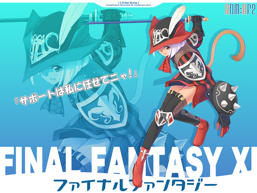 you haruka, mithra (ff11), red mage (final fantasy), final fantasy, final fantasy xi, 00s, 1girl, female focus, solo, sword, tail, thighhighs, weapon