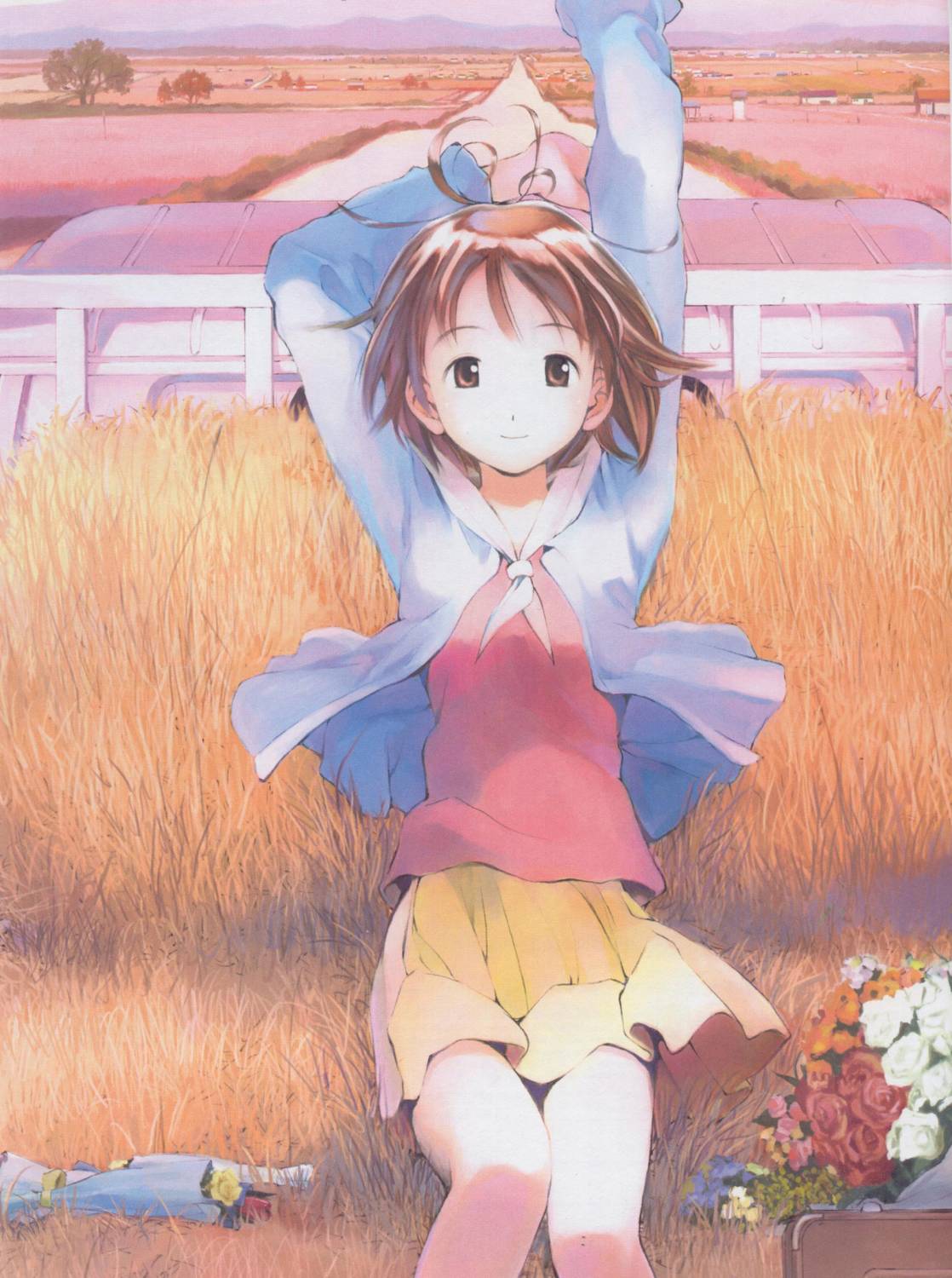 yoshizuki kumichi, kikuchi yume, mahou tsukai ni taisetsu na koto, highres, scan, 00s, brown eyes, brown hair, flower, skirt, solo