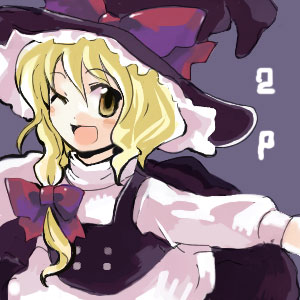 tako (plastic protein), kirisame marisa, touhou, lowres, 1girl, blonde hair, bow, female focus, hair bow, hat, one eye closed, open mouth, smile, solo, wink, witch, witch hat