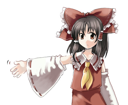 tako (plastic protein), hakurei reimu, touhou, lowres, 1girl, bow, brown hair, detached sleeves, female focus, hair bow, japanese clothes, miko, red eyes, solo, white background