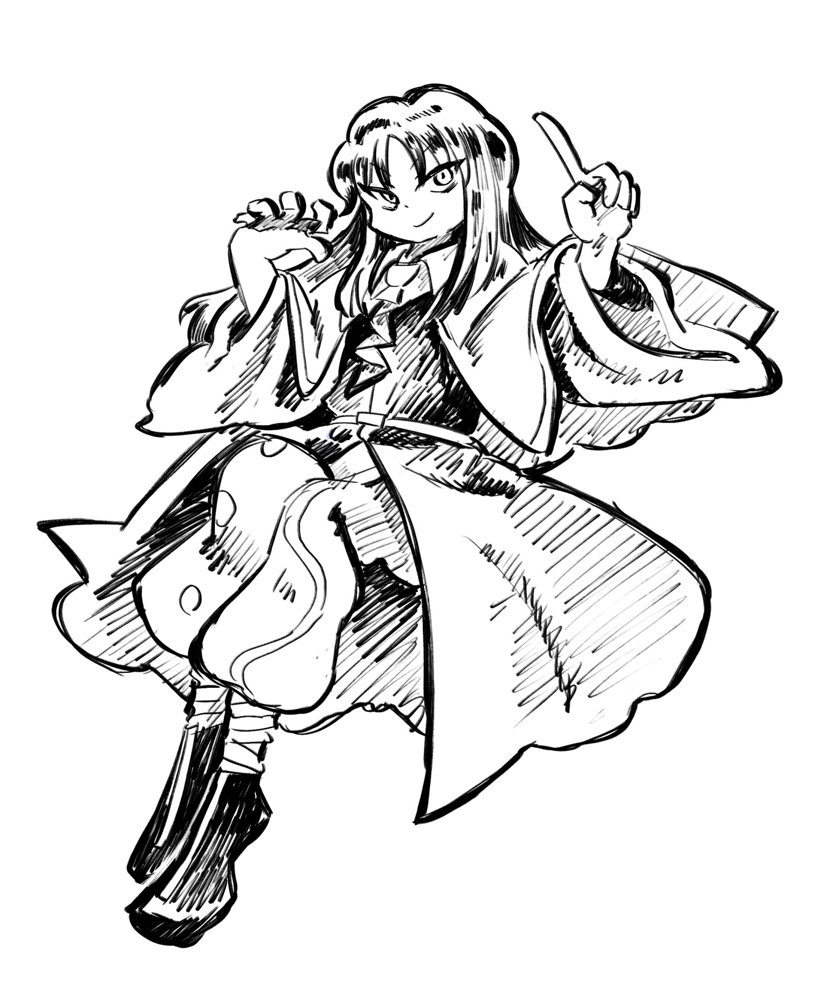 chikafumikou, clause (len'en), len'en, highres, 1other, androgynous, ascot, baggy pants, bandaged leg, bandages, belt, belt buckle, boots, buckle, capelet, closed mouth, coat, collared shirt, full body, greyscale, invisible chair, long hair, long sleeves, looking at viewer, monochrome, other focus, pants, pointing, pointing up, shirt, sidelocks, simple background, sitting, smile, solo, straight hair, white background, wide sleeves