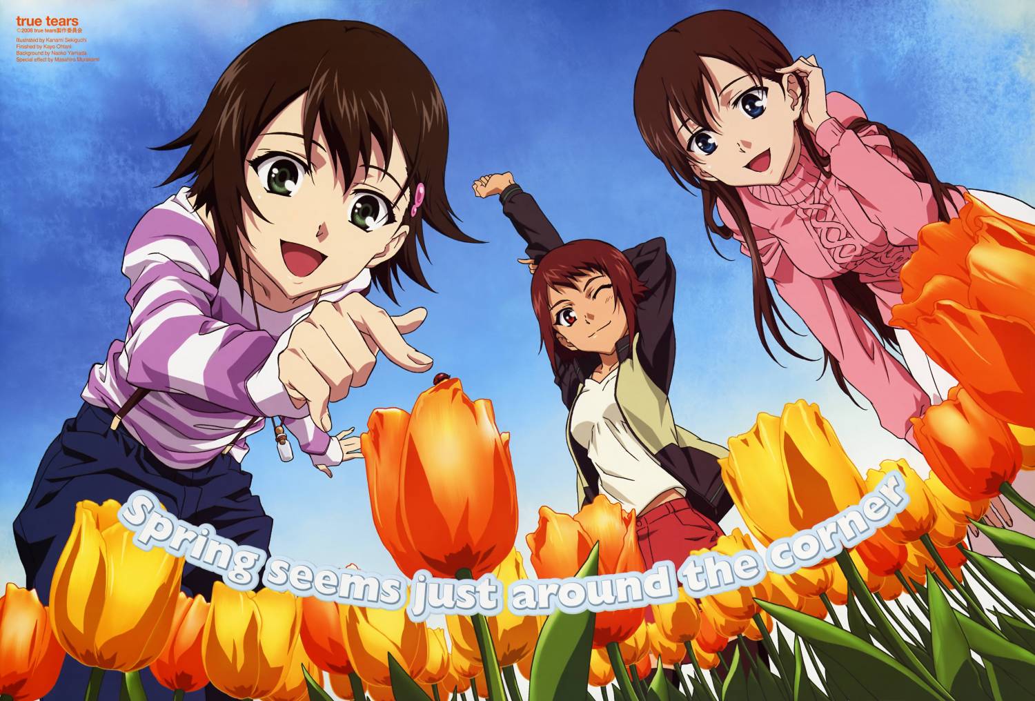 sekiguchi kanami, andou aiko, isurugi noe, yuasa hiromi, true tears, official art, scan, 00s, 3girls, ||/, blue eyes, brown hair, bug, flower, green eyes, insect, ladybug, long hair, multiple girls, one eye closed, open mouth, red eyes, short hair, sky, tulip