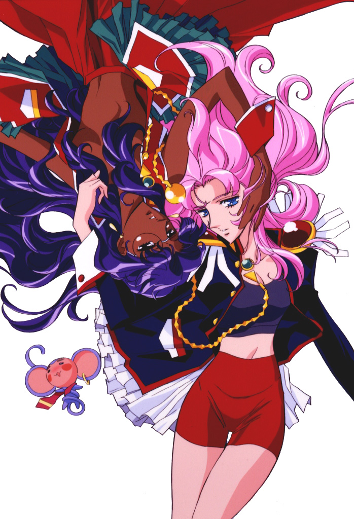 chu-chu, chu chu, chu chu (xenogears), himemiya anthy, tenjou utena, shoujo kakumei utena, official art, scan, 1990s (style), 2girls, aiguillette, dark-skinned female, dark skin, epaulettes, flower, glasses, long hair, lying, multiple girls, pink hair, purple hair, retro artstyle, rose, topless female, white background