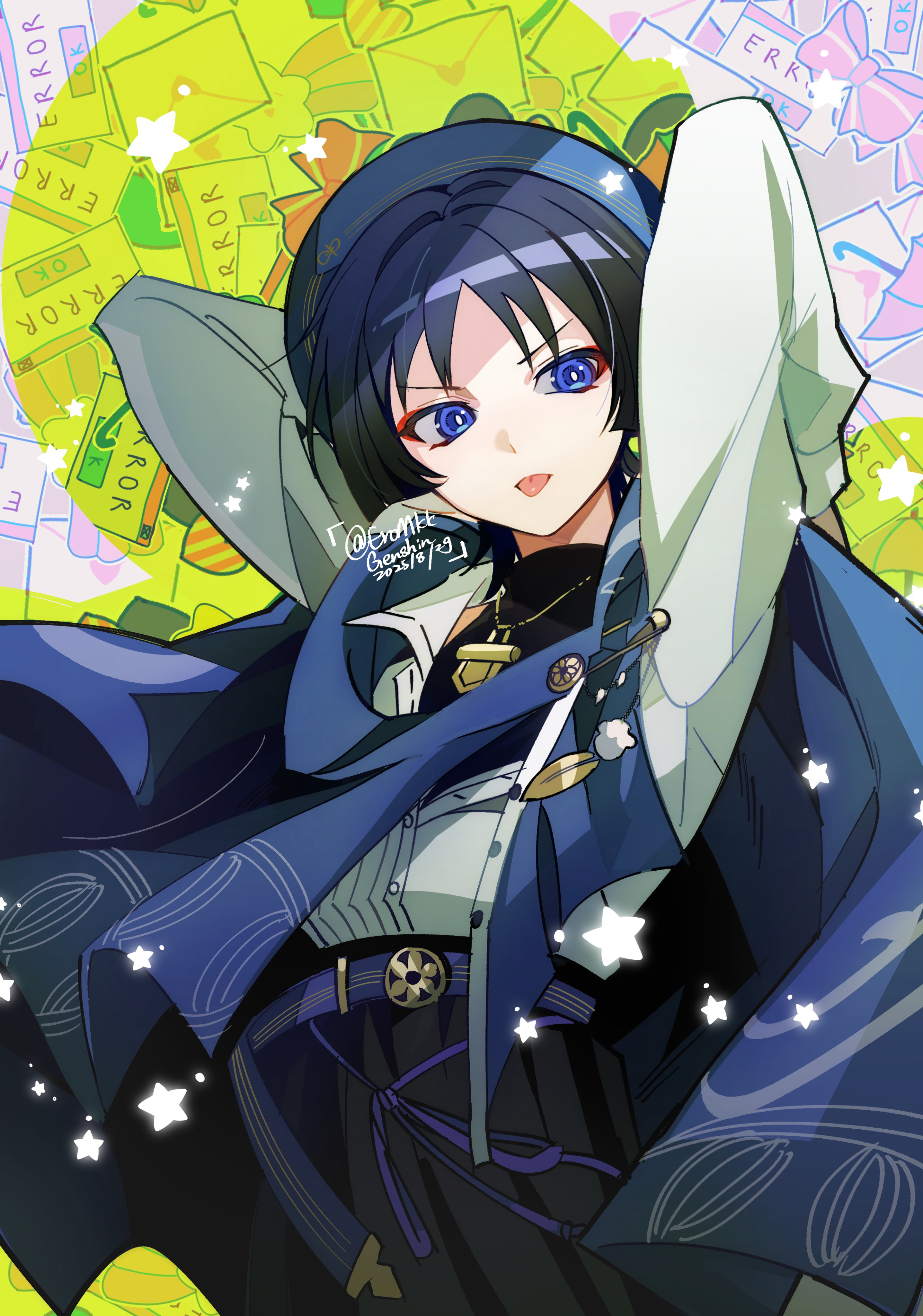 eromkk, scaramouche (genshin impact), wanderer (genshin impact), genshin impact, absurdres, highres, 1boy, arms behind head, arms up, artist name, belt, black hair, blue belt, blue cape, blue eyes, blue hair, cape, eyeliner, eyeshadow, hat, jewelry, long sleeves, looking at viewer, makeup, male focus, necklace, red eyeliner, red eyeshadow, shirt, short hair, solo, tongue, tongue out, twitter username, white shirt