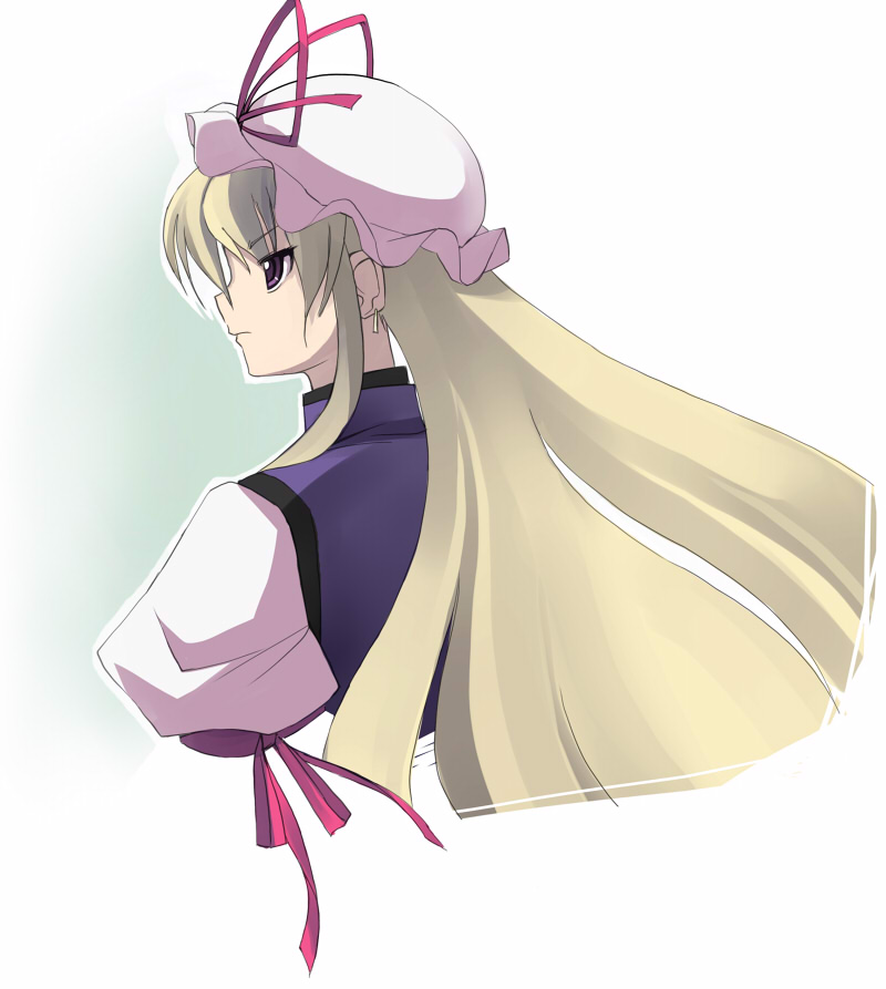 seo tatsuya, yakumo yukari, touhou, 1girl, angry, blonde hair, earrings, female focus, hat, jewelry, long hair, purple eyes, ribbon, solo