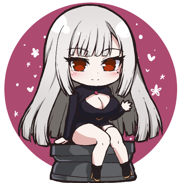 tanu (ace ikachan), character request, commentary request, copyright request, 1girl, asymmetrical bangs, black dress, black shoes, blush, breasts, chibi, cleavage, cleavage cutout, closed mouth, clothing cutout, dress, hand up, heart, large breasts, long hair, looking at viewer, mole, mole under eye, pink background, red eyes, shoes, sitting, smile, solo, split mouth, two-tone background, white background, white hair