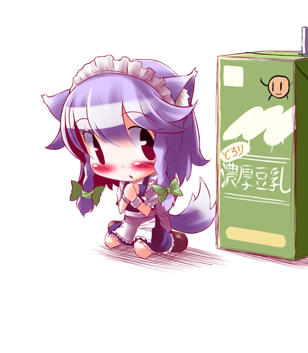 takahero, inu sakuya (nejikirio), izayoi sakuya, touhou, silver hair, 1girl, animal ears, braid, chibi, dog ears, dog tail, drink, female focus, juice box, kemonomimi mode, milk, short hair, solo, tail, twin braids