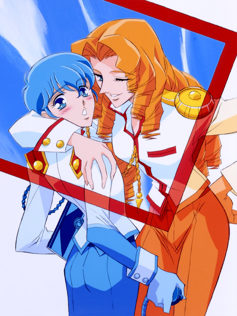 arisugawa juri, kaoru miki, shoujo kakumei utena, official art, scan, 1990s (style), 1boy, 1girl, aiguillette, bishounen, blue eyes, blue hair, blush, curly hair, long hair, one eye closed, orange hair, retro artstyle, school uniform, serafuku, stopwatch, watch, wink