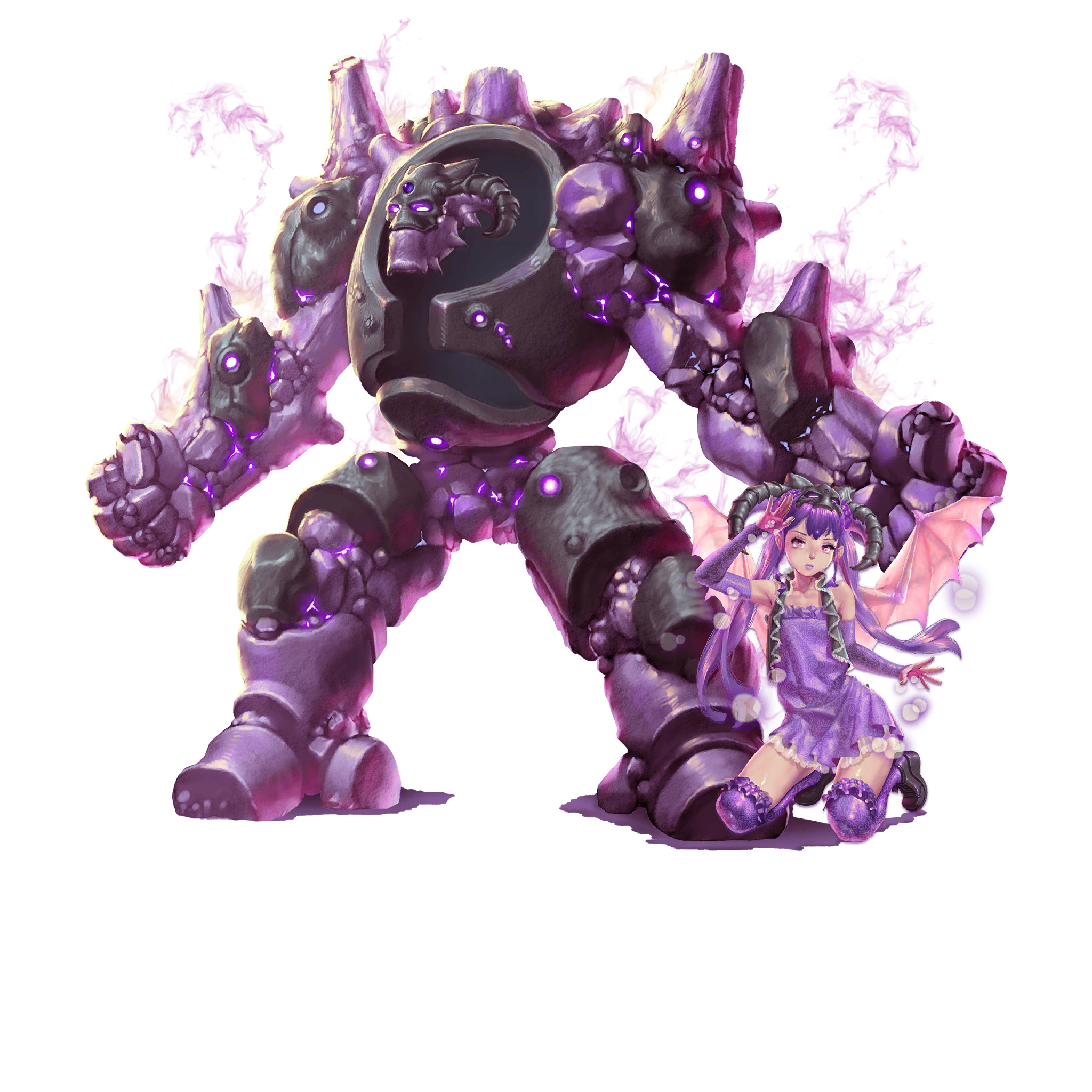 crystal maiden (series), artist request, bad source, game cg, highres, official art, variant set, 1girl, 1other, abyss (crystal maidens), amethyst (crystal maidens), bare shoulders, demon wings, detached sleeves, flat chest, frills, full body, golem, kneeling, pink eyes, purple hair, purple lips, solo, transparent background, twintails, wings