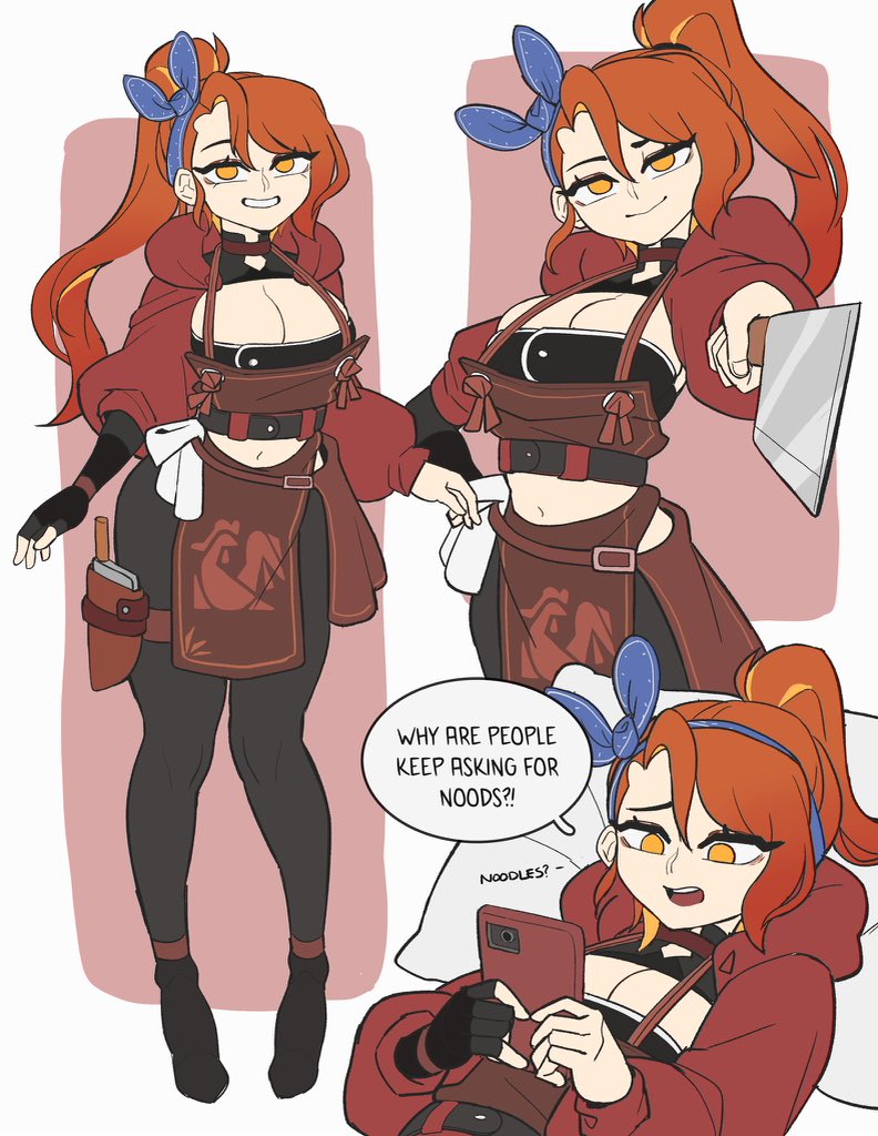 hyyun ho, june (hyyun ho), original, commentary, english commentary, 1girl, apron, black gloves, black pants, blue ribbon, breasts, brown apron, cellphone, cleavage, cleaver, closed mouth, english text, fingerless gloves, gloves, grin, hair ribbon, holding, holding cleaver, holding phone, hood, hood down, hooded shrug, large breasts, long hair, looking at phone, looking at viewer, midriff, multiple views, navel, open mouth, orange eyes, orange hair, pants, phone, pillow, ponytail, red shrug, ribbon, shrug (clothing), smartphone, smile, speech bubble, teeth, thigh sheath, tight clothes, tight pants, upper teeth only