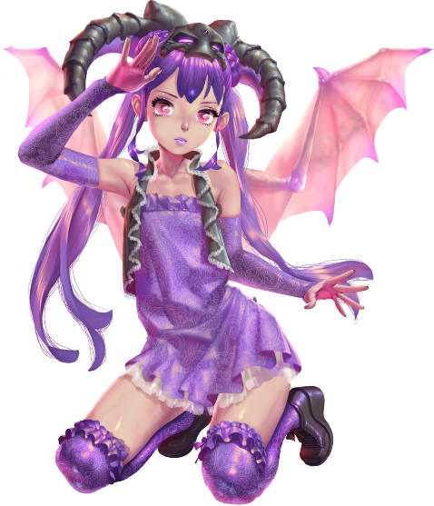 crystal maiden (series), artist request, game cg, official art, variant set, 1girl, amethyst (crystal maidens), bare shoulders, demon wings, detached sleeves, flat chest, frills, full body, kneeling, pink eyes, purple hair, purple lips, solo, transparent background, twintails, wings