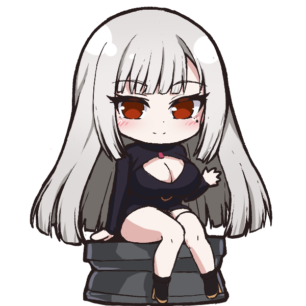 tanu (ace ikachan), character request, commentary request, copyright request, 1girl, asymmetrical bangs, black dress, black shoes, blush, breasts, chibi, cleavage, cleavage cutout, closed mouth, clothing cutout, dress, hand up, large breasts, long hair, looking at viewer, mole, mole under eye, red eyes, shoes, simple background, sitting, smile, solo, split mouth, transparent background, white hair