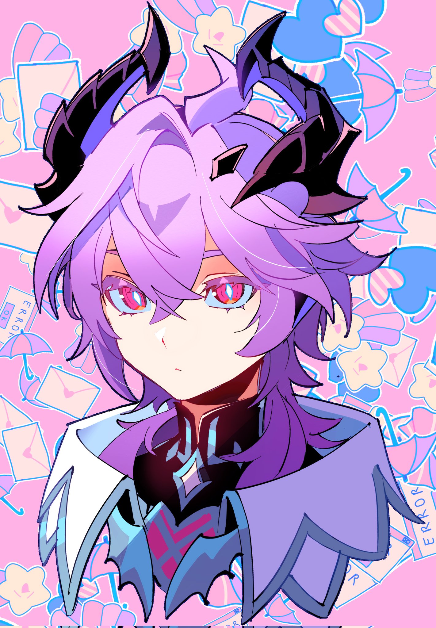 eromkk, mini durin (genshin impact), mini durin (human) (genshin impact), genshin impact, highres, 1boy, ahoge, black shirt, closed mouth, crossed bangs, dragon boy, hair between eyes, horns, looking at viewer, male focus, multicolored eyes, pink background, portrait, purple hair, shirt, solo