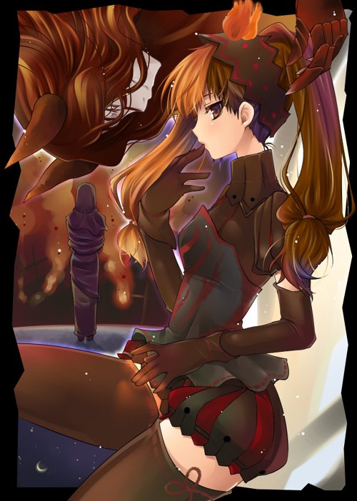 yukian, layla (sound horizon), shaytan, shaytan (sound horizon), seisen no iberia, sound horizon, bad id, bad pixiv id, 1boy, 1girl, brown eyes, brown hair, demon boy, elbow gloves, gloves, thighhighs, twintails