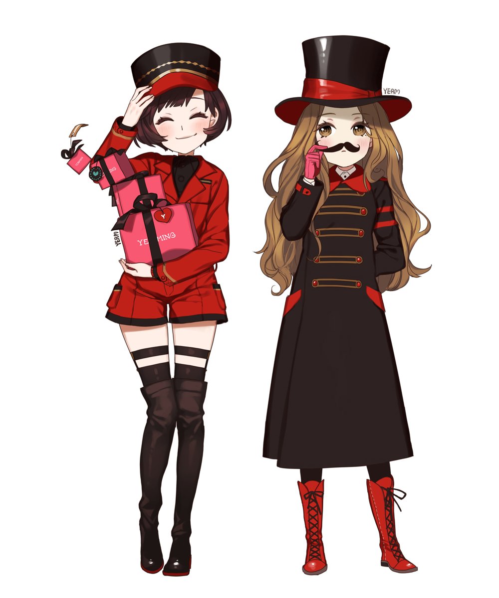 yerm, original, highres, 2girls, arm behind back, artist name, black boots, black coat, black shirt, black thighhighs, blush, boots, brown eyes, brown hair, buttons, closed eyes, closed mouth, coat, collared shirt, double-breasted, garter straps, gift, gloves, hat, holding, holding gift, jacket, kepi, lace-up boots, lapels, long coat, long hair, looking at viewer, military hat, multiple girls, pink gloves, red boots, red jacket, red shorts, shirt, short hair, shorts, simple background, smile, tag, thigh boots, thigh strap, thighhighs, top hat, trench coat, twirling mustache, white background, zettai ryouiki