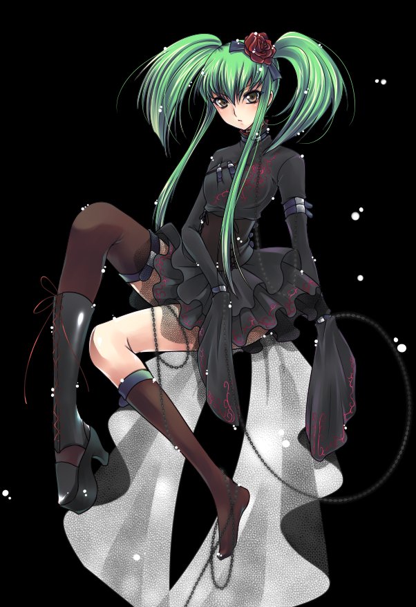 yukian, c.c., code geass, bad id, bad pixiv id, 00s, 1girl, asymmetrical clothes, black background, brown eyes, female focus, flower, full body, green hair, hair flower, hair ornament, red flower, red rose, rose, shoes, single shoe, single thighhigh, solo, thighhighs, twintails
