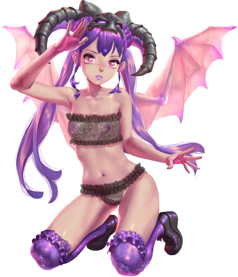 crystal maiden (series), artist request, game cg, official art, variant set, 1girl, amethyst (crystal maidens), bare arms, bare shoulders, bra, covered erect nipples, demon wings, flat chest, frilled bra, frilled panties, frills, full body, groin, kneeling, navel, panties, pink eyes, purple hair, purple lips, see-through bra, see-through clothes, solo, transparent background, twintails, underwear, wings