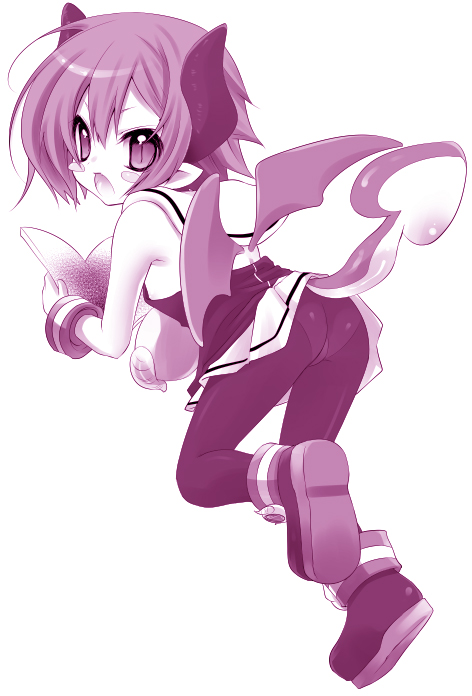 yukian, raspberyl, disgaea, makai senki disgaea 3, bad id, bad pixiv id, blush stickers, horns, monochrome, panties, panties under pantyhose, pantyhose, pantyshot, pink theme, slit pupils, solo, tail, underwear, upskirt, wings