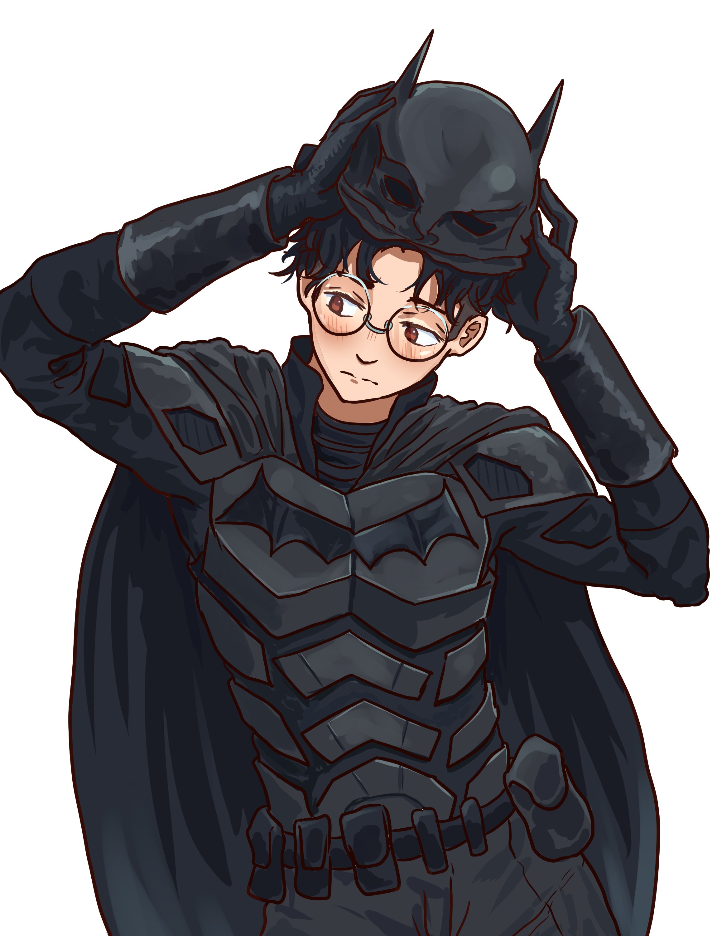 pluvion, batman, takakura ken (dandadan), batman (series), dandadan, dc comics, absurdres, highres, 1boy, batman (cosplay), batman symbol, black bodysuit, black cape, black hair, black mask, blush, bodysuit, brown eyes, cape, cosplay, glasses, mask, short hair, simple background, solo, superhero costume, white background