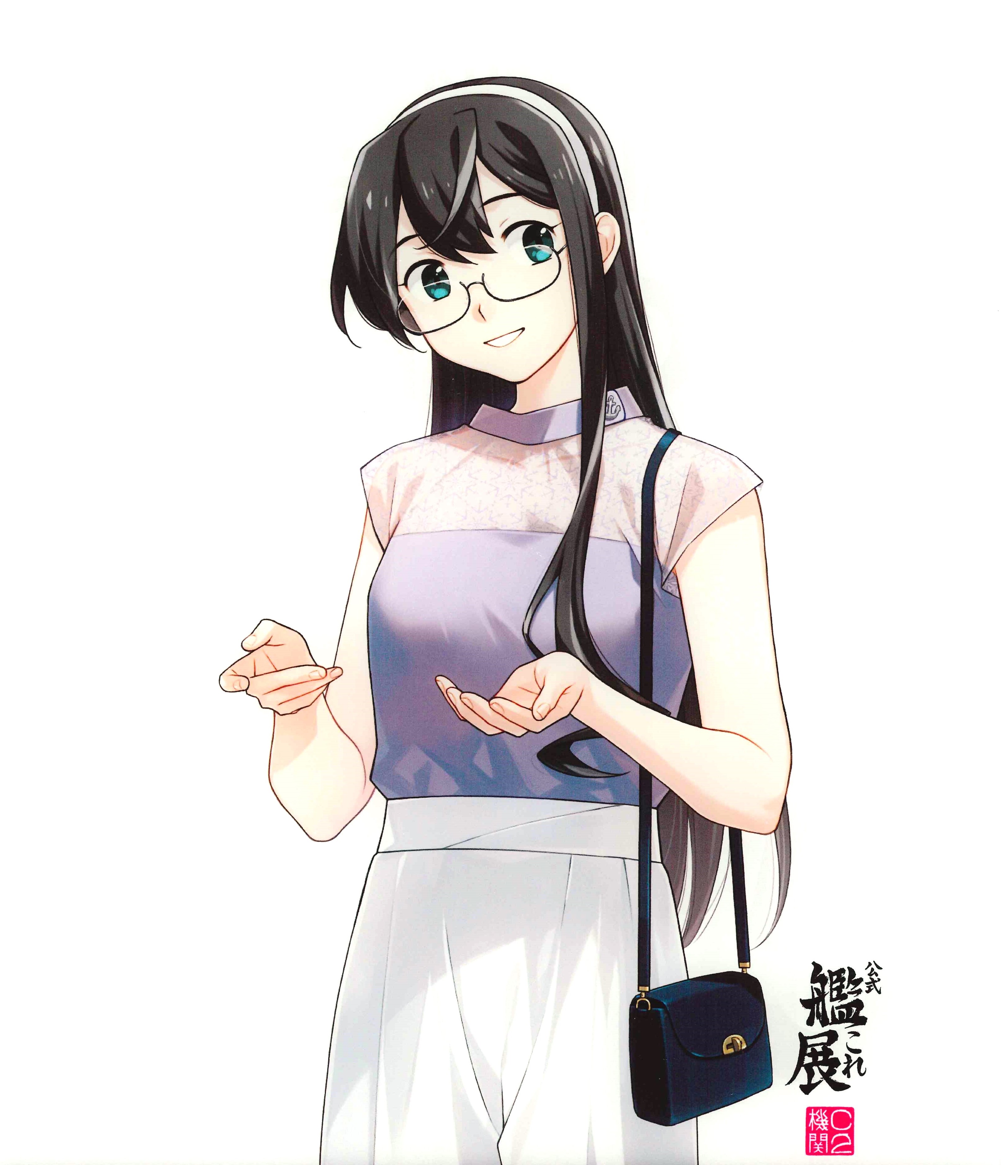 fujikawa, ooyodo (kancolle), ooyodo kai (kancolle), kantai collection, absurdres, commentary request, highres, official art, third-party source, translation request, 1girl, bag, black bag, black hair, blue eyes, cowboy shot, glasses, hair between eyes, hairband, handbag, long hair, official alternate costume, pants, purple shirt, semi-rimless eyewear, shirt, short sleeves, simple background, smile, solo, under-rim eyewear, white background, white hairband, white pants