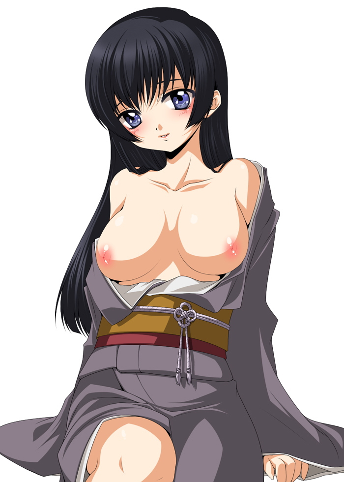 jyuru, original, 1girl, black hair, blue eyes, breasts, female focus, inverted nipples, japanese clothes, kimono, nipples, solo