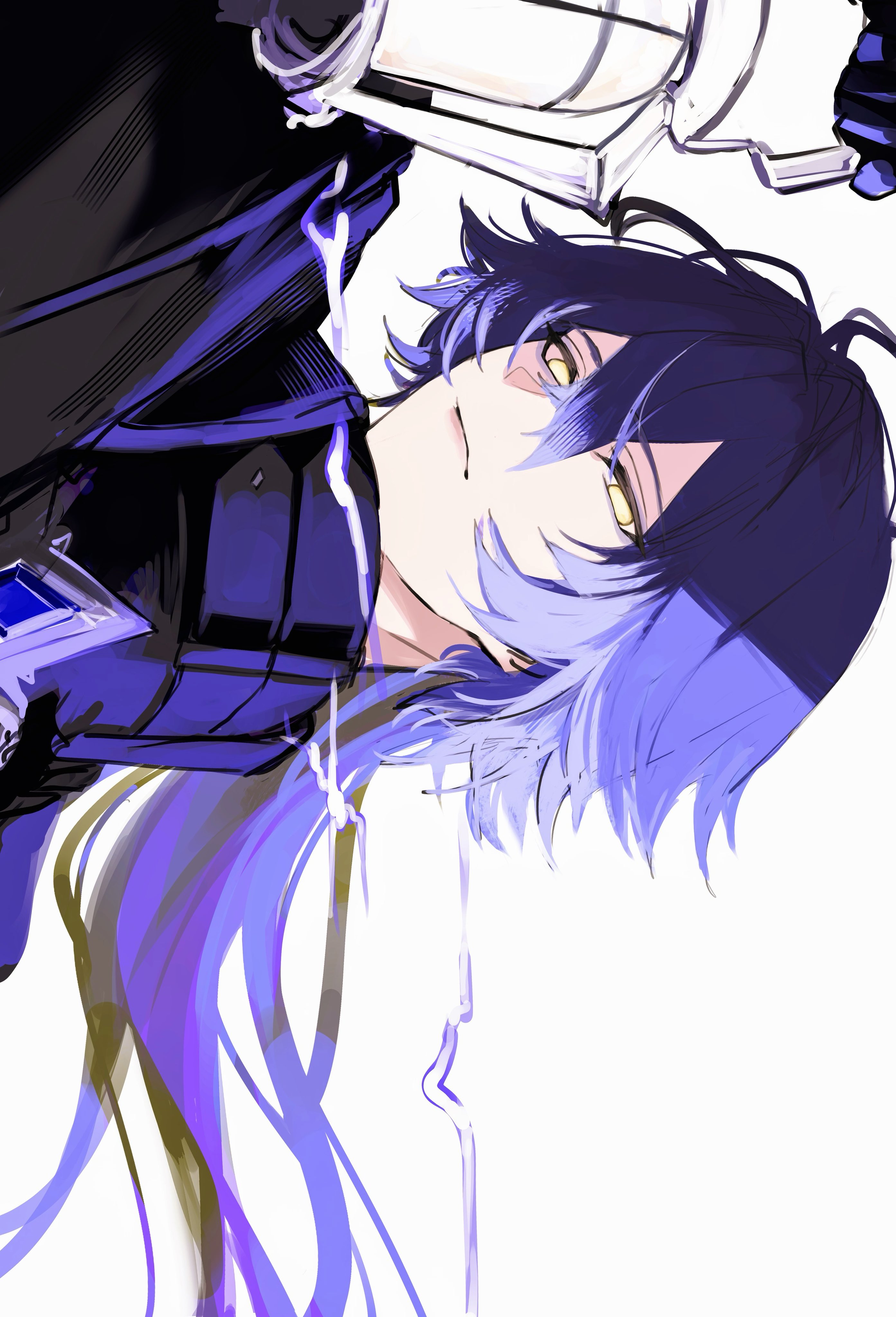 flins (genshin impact), genshin impact, absurdres, highres, 1boy, black gloves, black jacket, blue hair, closed mouth, gloves, gradient hair, hair between eyes, holding, jacket, long hair, looking at viewer, male focus, multicolored hair, purple hair, sa 3987, sideways, simple background, solo, upper body, white background, yellow eyes